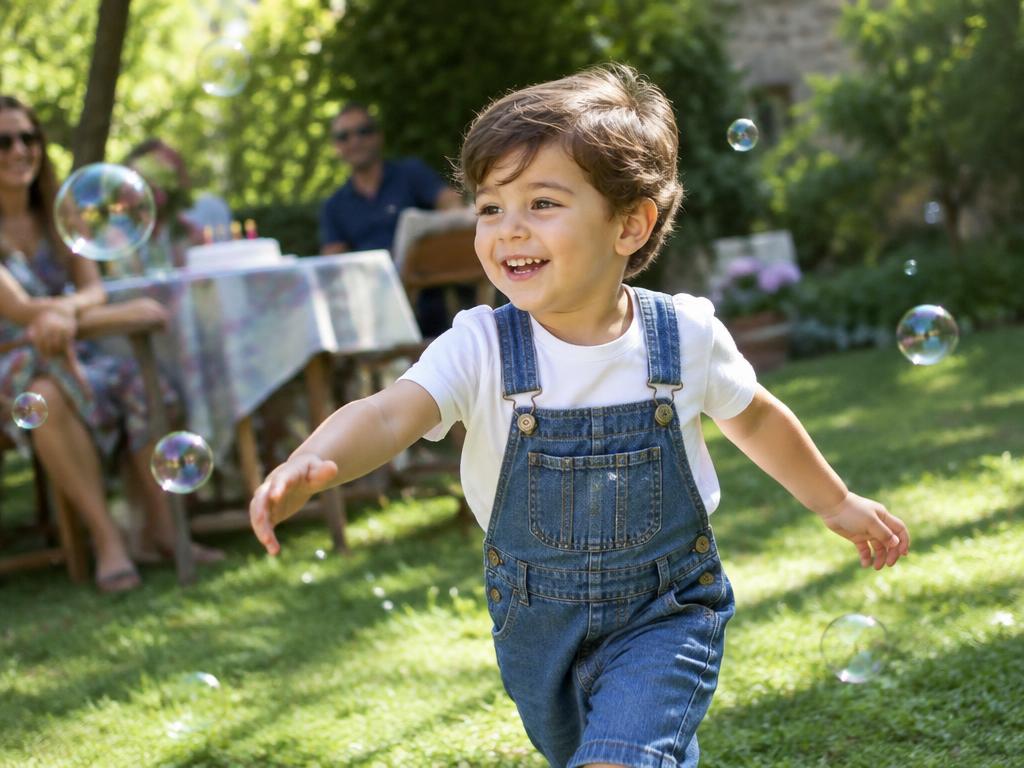 Un bambino felice gioca con le bolle di sapone in giardino