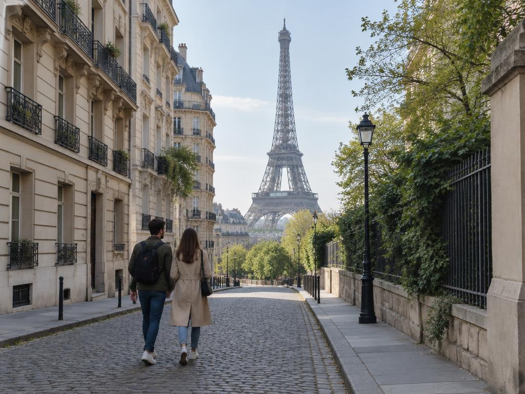 Una coppia in viaggio a Parigi davanti alla Torre Eiffel