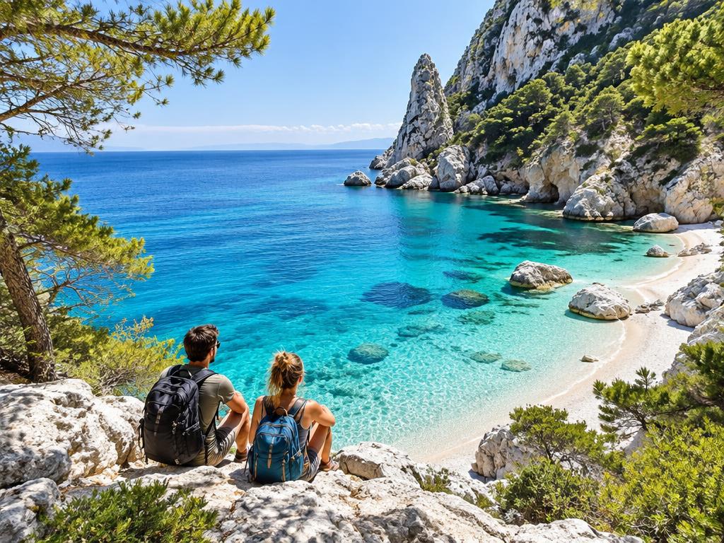 Viaggiatori davanti a una baia turchese in Sardegna